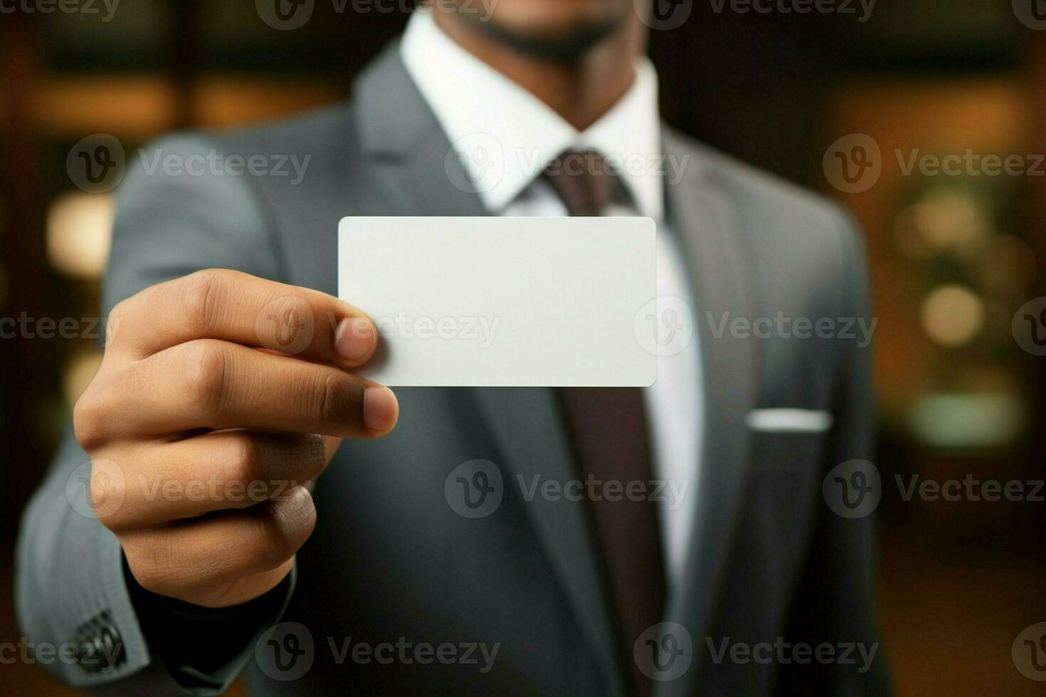 AI generated Business elegance Close up of a man in a suit showcasing a business card mockup AI Generated photo