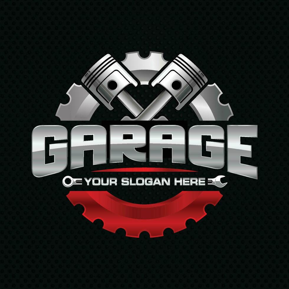 Automotive garage vector logo template. Emblem with gear and piston elements.