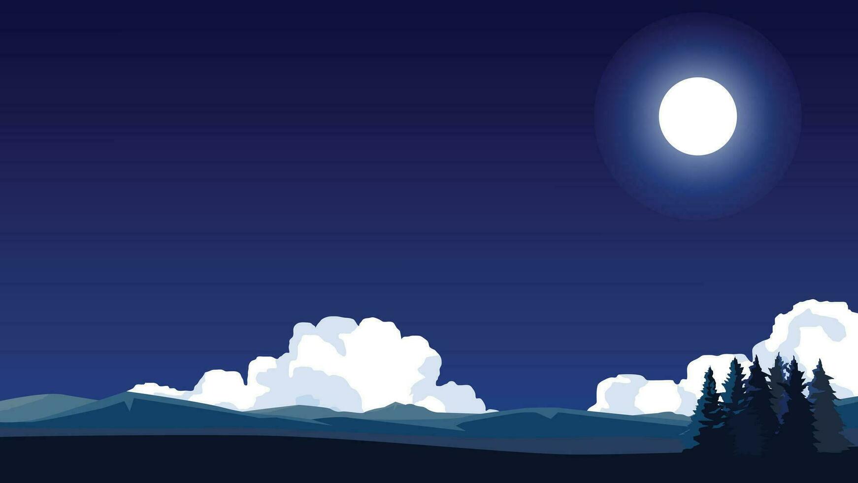 Background for presentation. Pine forest on hill meadow in the nighttime. Under mountain and night sky with white couds and moon light. Free space in the center for insert text. vector