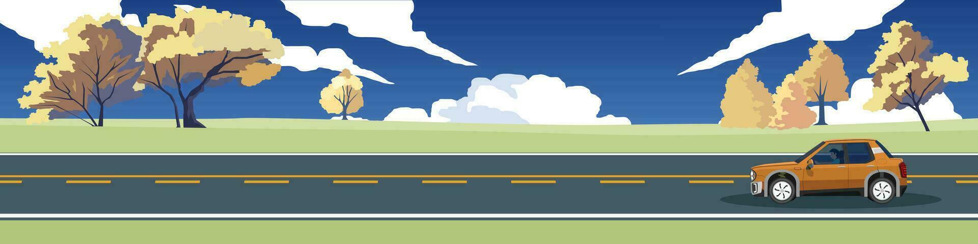 Travels of hatchback car with driving for banner. Asphalt road near the meadow with spring tree. Under clear sky and white clouds. Copy Space Flat Vector. vector