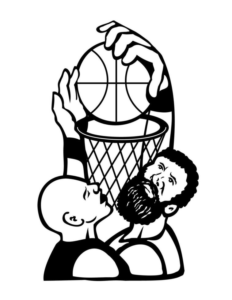 Basketball Player Dunking and Blocking the Ball into Net Retro vector