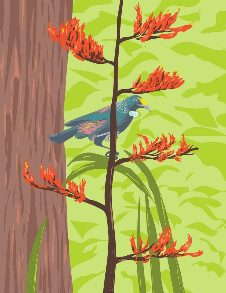 Chatham Island Tui Bird Native Perching on New Zealand Flax Art Deco WPA Poster Art vector