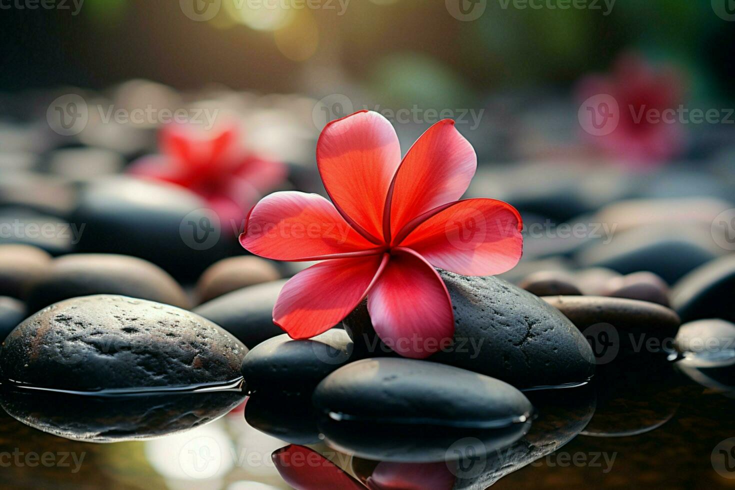 AI generated Relaxing spa stones and red frangipani flower create serene ambiance photo