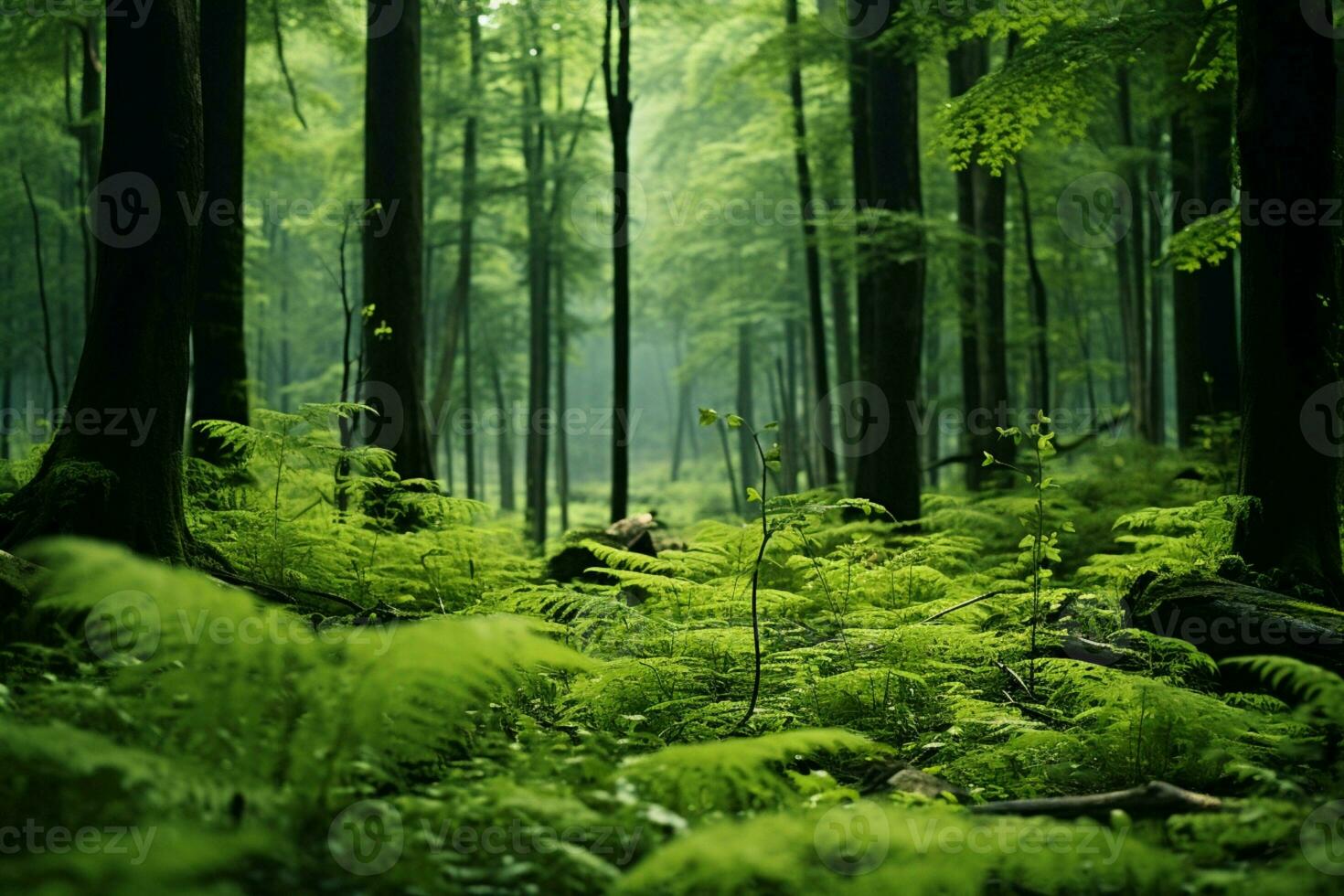 AI generated Majestic trees, small bushes, and ferns in a lush green forest photo