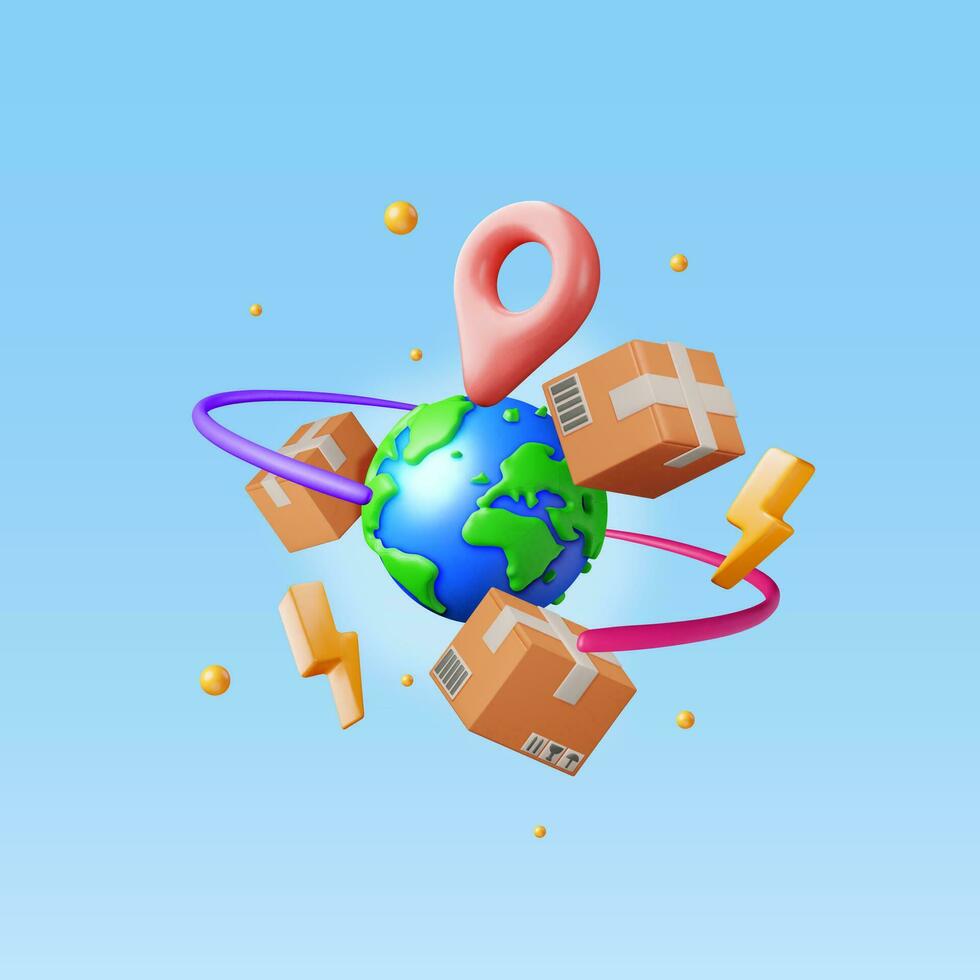 3D Cardboard Boxes Flying Around The World vector