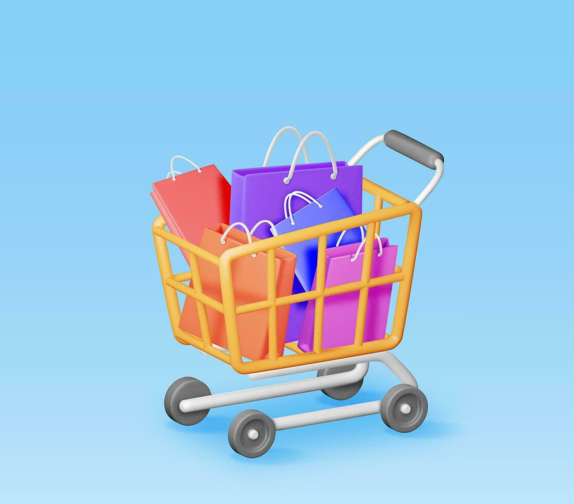 3d compras o regalo bolso en compras carro vector