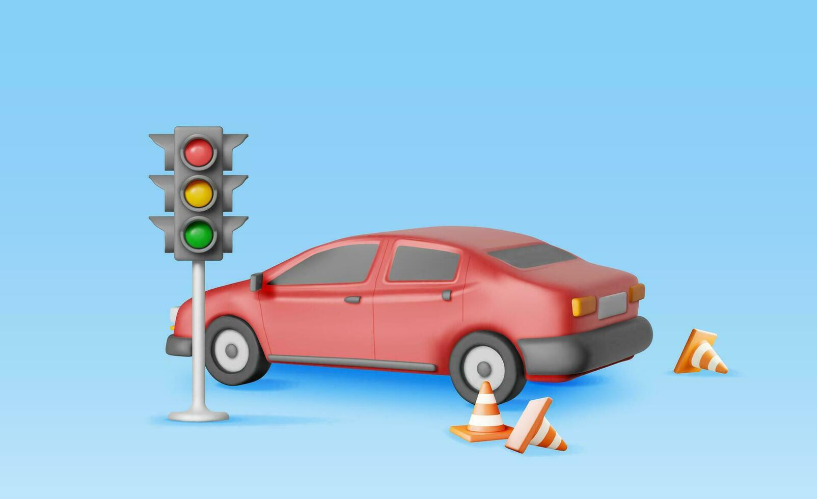 3D Sedan Car with Traffic Cones and Traffic Lights vector