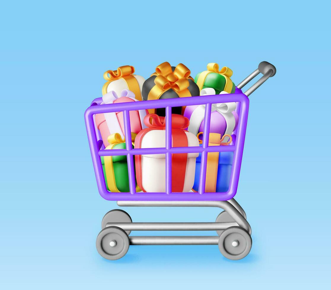 3D Metal Shopping Cart with Heap of Gift Boxes vector