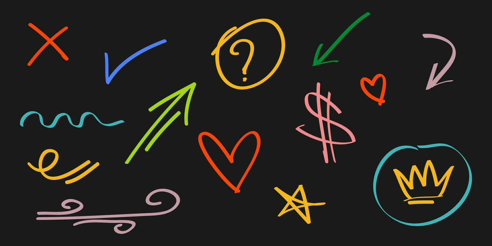 Hand drawn set of doodle emphasis elements. dollar, check mark, crown, love, arrow. isolated on black background. vector illustration