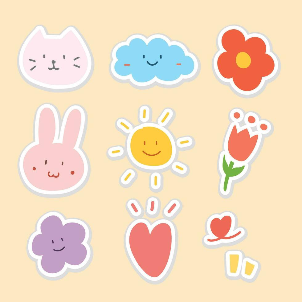 color cute doodle cartoon hand drawn included cat, cloud, rabbit, heart etc. for element, sticker and illustration vector