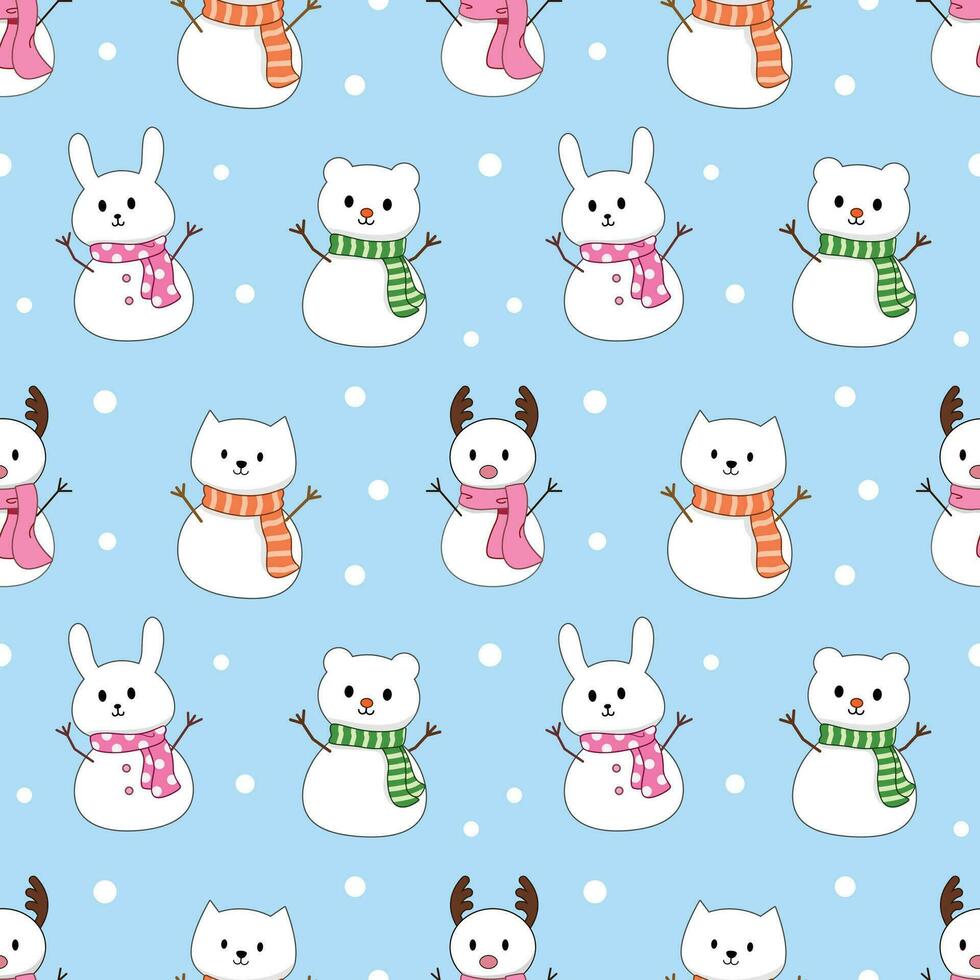 Animals snowman cartoon seamless pattern background. Deer, rabbit, cat, bear for winter and wrapping vector