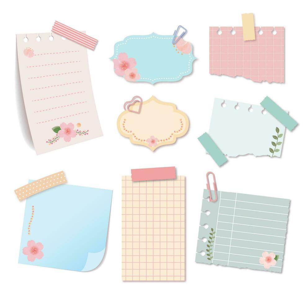Light color note paper collection with cherry blossom illustration vector