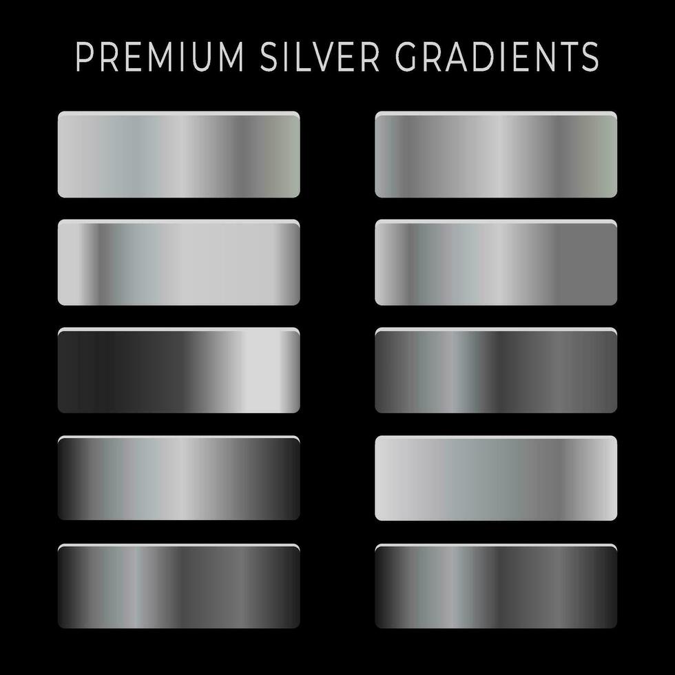 Collection of silver chrome metallic gradient brilliant plates with silver effect with black background vector