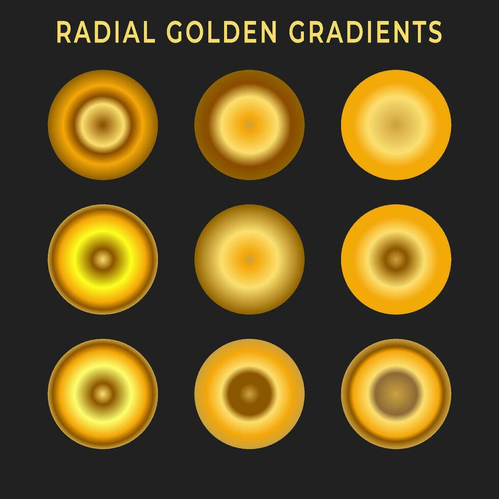 Collection of golden radial metallic gradient brilliant plates with gold effect vector