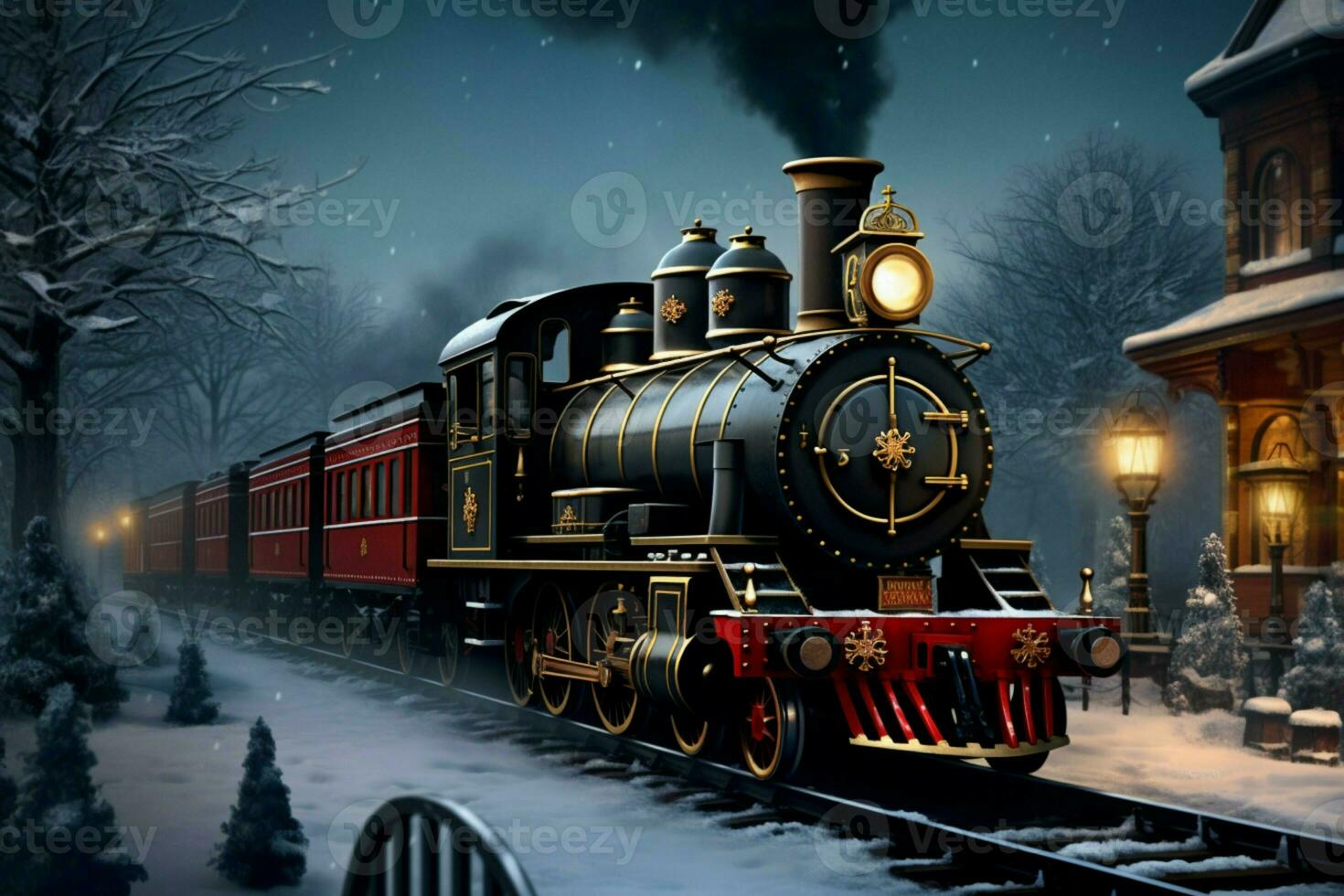 AI generated Christmas train rolling through a winter wonderland AI Generated photo