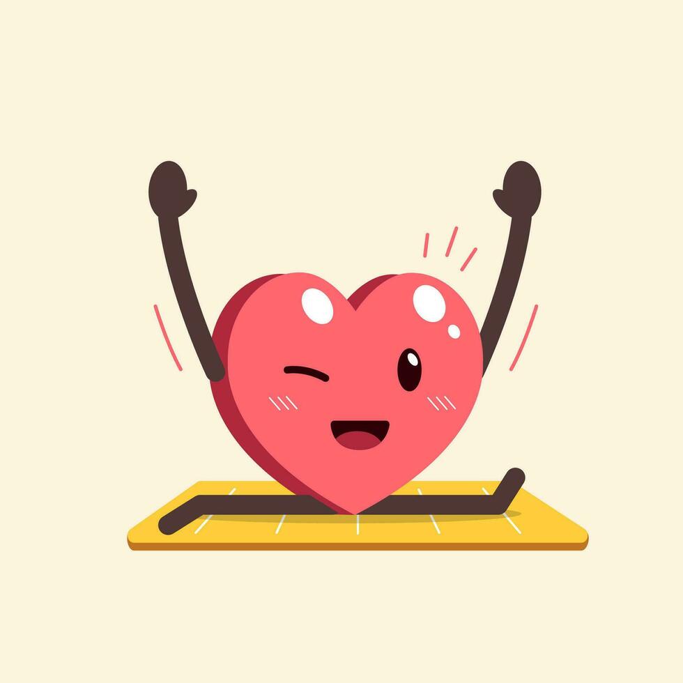 personaje de corazón de dibujos animados haciendo ejercicio en estera de yoga vector