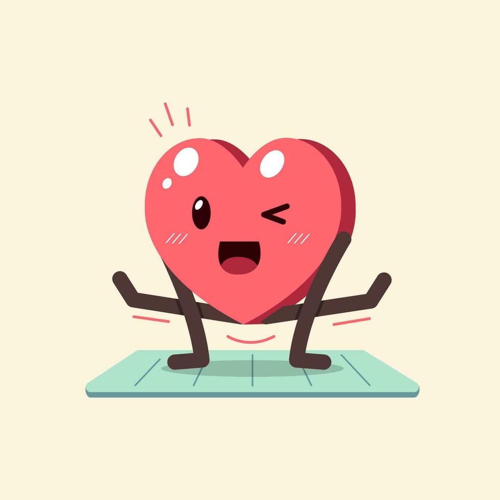 vector dibujos animados corazón personaje hacer ejercicio en yoga estera