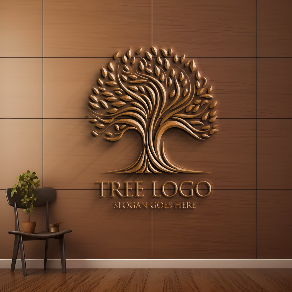 AI generated 3d tree logo mockup wall office company branding display background psd