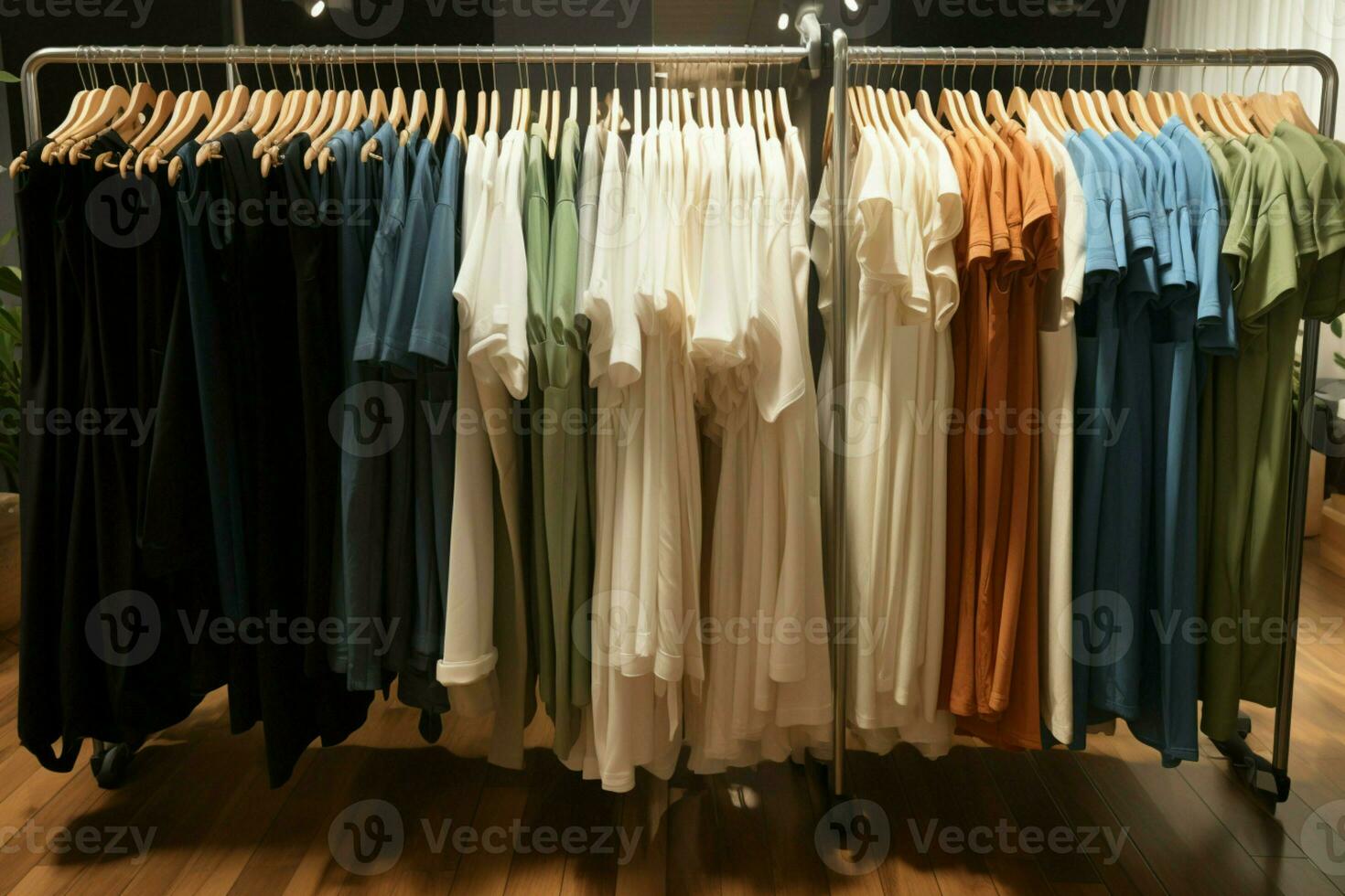 AI generated Elegantly showcased hanging clothes available for purchase in the shop photo