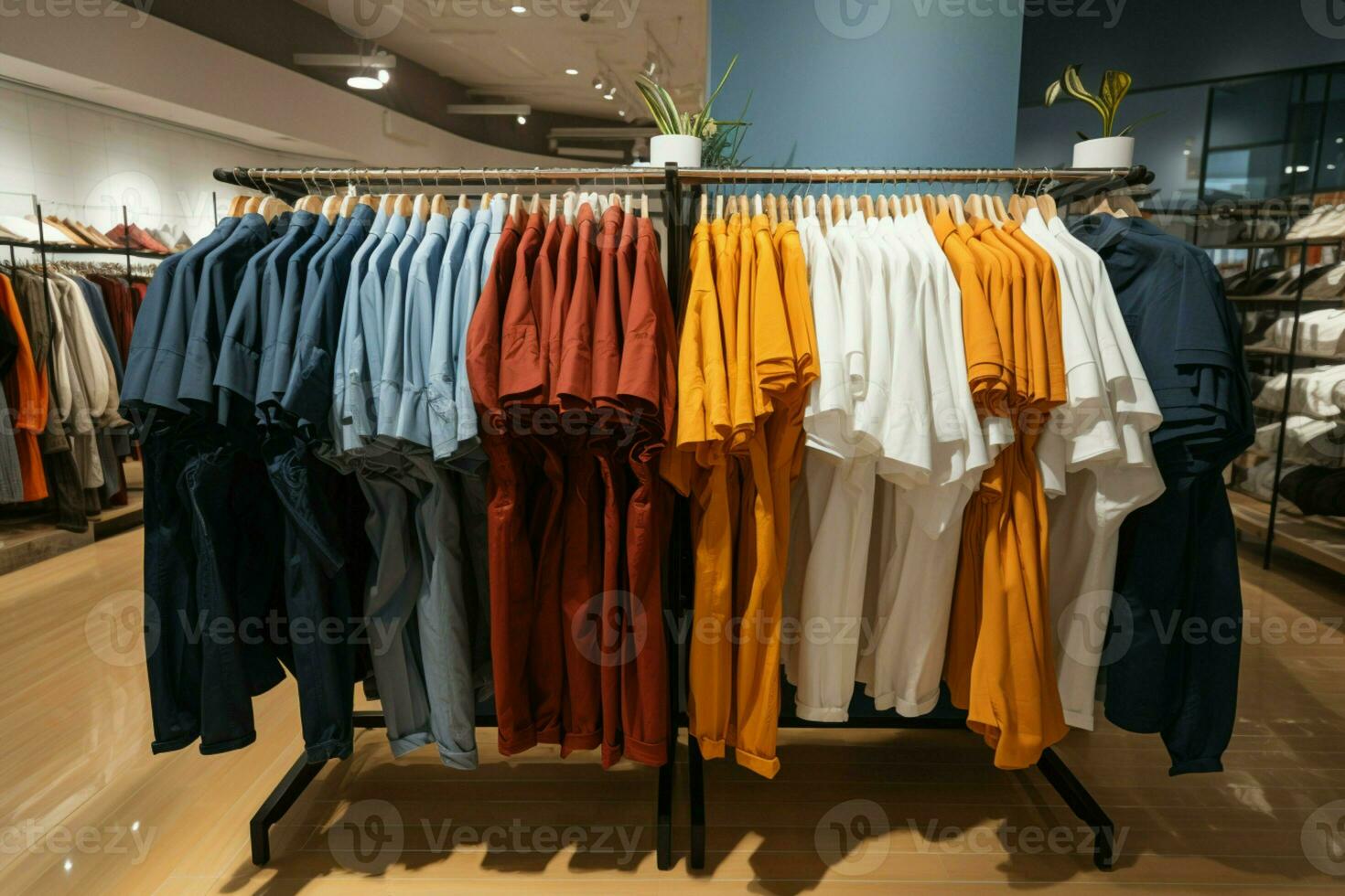 AI generated Clothing store interior, no people, displaying mens and womens apparel photo