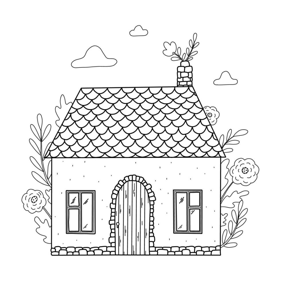 Cute hand drawn countryside cottage, village house with flowers and leaves for coloring pages, scrapbooking, stationary, wallpaper, cards, posters, banners, signs, etc. EPS 10 vector