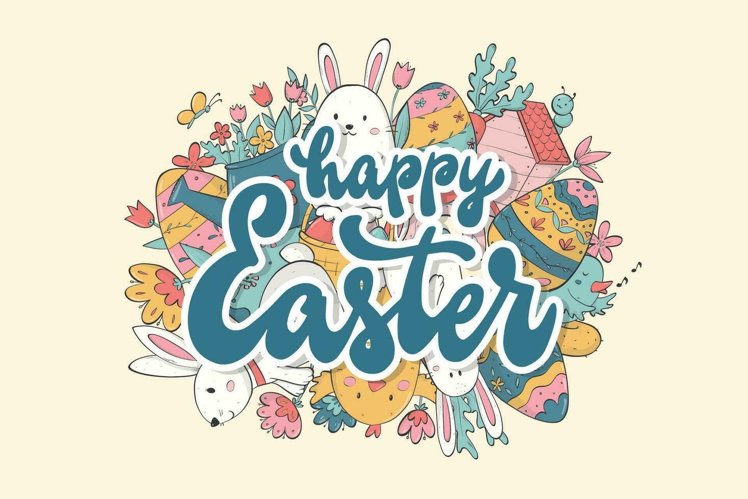 Happy Easter lettering quote decorated with doodles for greeting cards, posters, prints, banners, invitations, sublimation, stickers, etc. EPS 10 vector