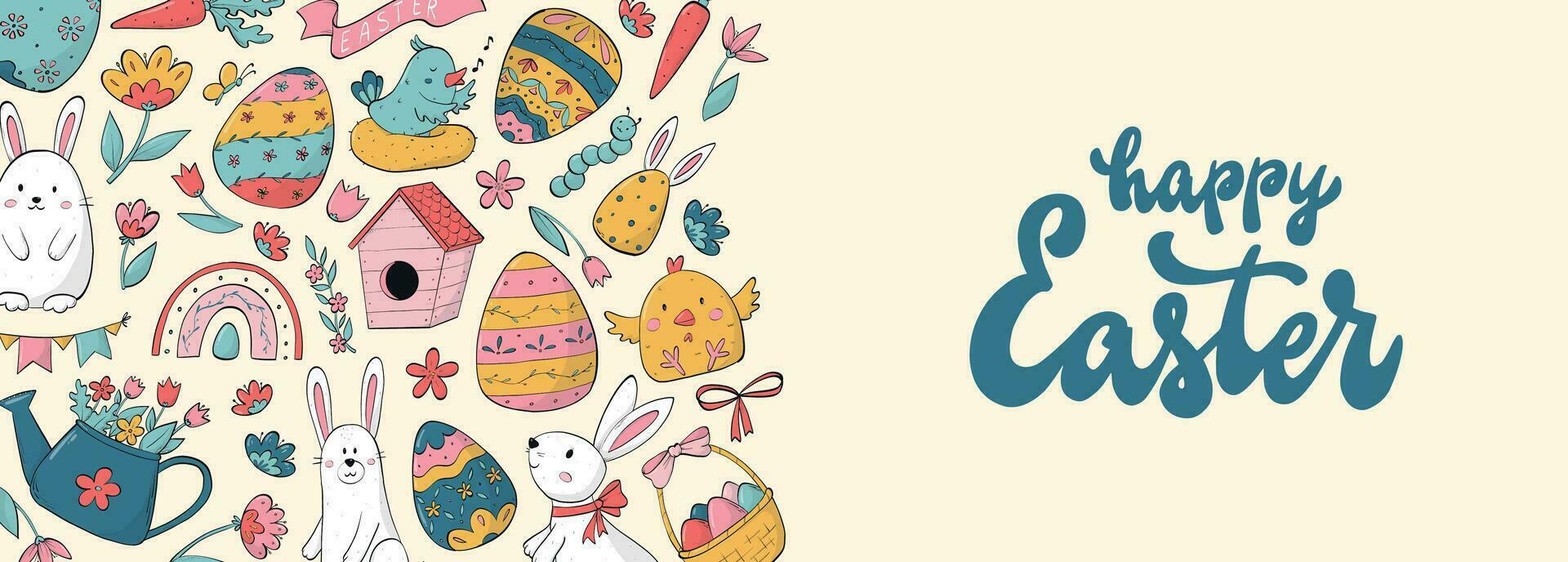 Happy Easter lettering quote deocrated with doodles for banners, prints, invitations, sale leaflets, cards, templates, etc. EPS 10 vector