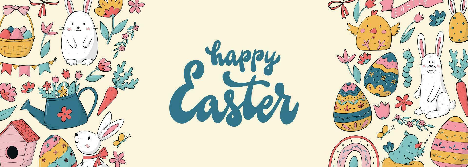 happy Easter lettering quote and border of doodles for banners, prints, greeting cards, templates, invitations, etc. EPS 10 vector