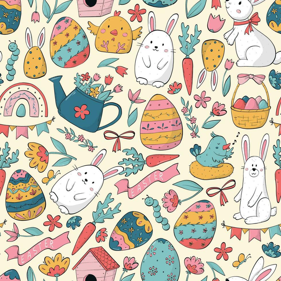Easter seamless pattern with doodles for nursery prints, wallpaper, backgrounds, wrapping paper, packaging, etc. EPS 10 vector