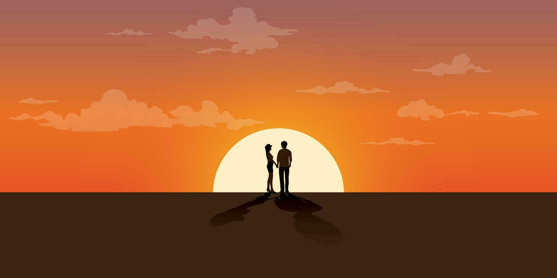 puesta de sol con silueta Pareja de amante juntos vector ilustración tener blanco espacio para ninguna fraseología anuncio publicitario.