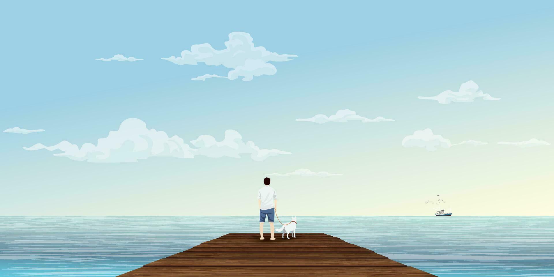 Man with his dog on wooden pier at seaside in the morning vector illustration. Travelling to the tropical blue sea concept have blank space.