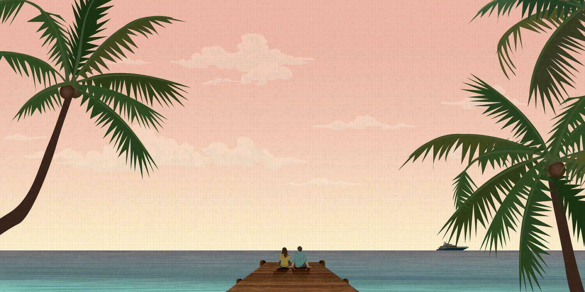 Couple of lover sitting on the pier have tropical blue sea and vanilla sky background vector illustration. Couple's journey concept flat design.