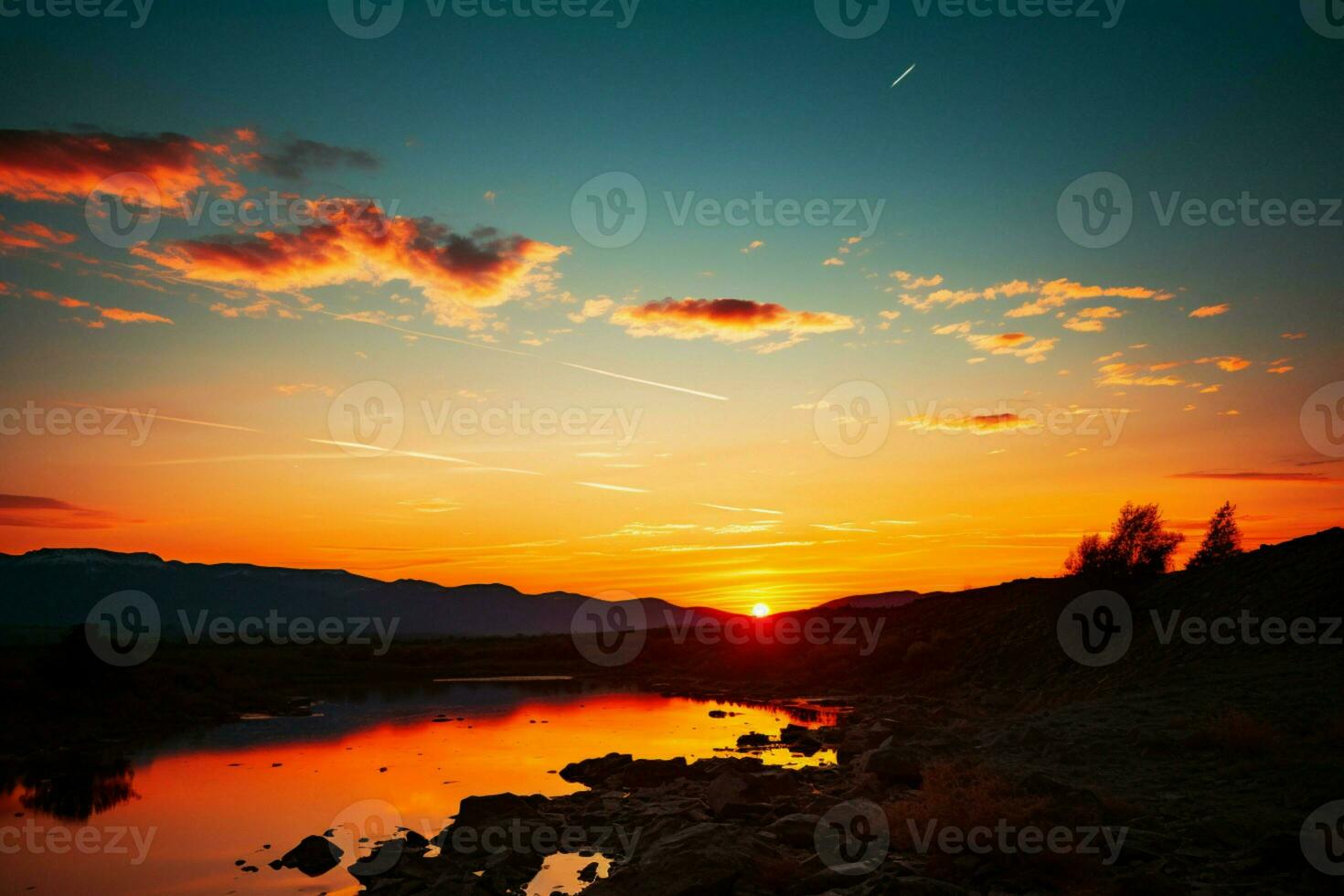 AI generated Evening hues A breathtaking sunset casting a warm glow on the landscape AI Generated photo