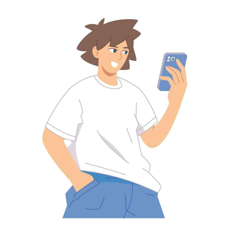 utilizando teléfono inteligente ilustración. joven hombre comprobación su teléfono inteligente vector