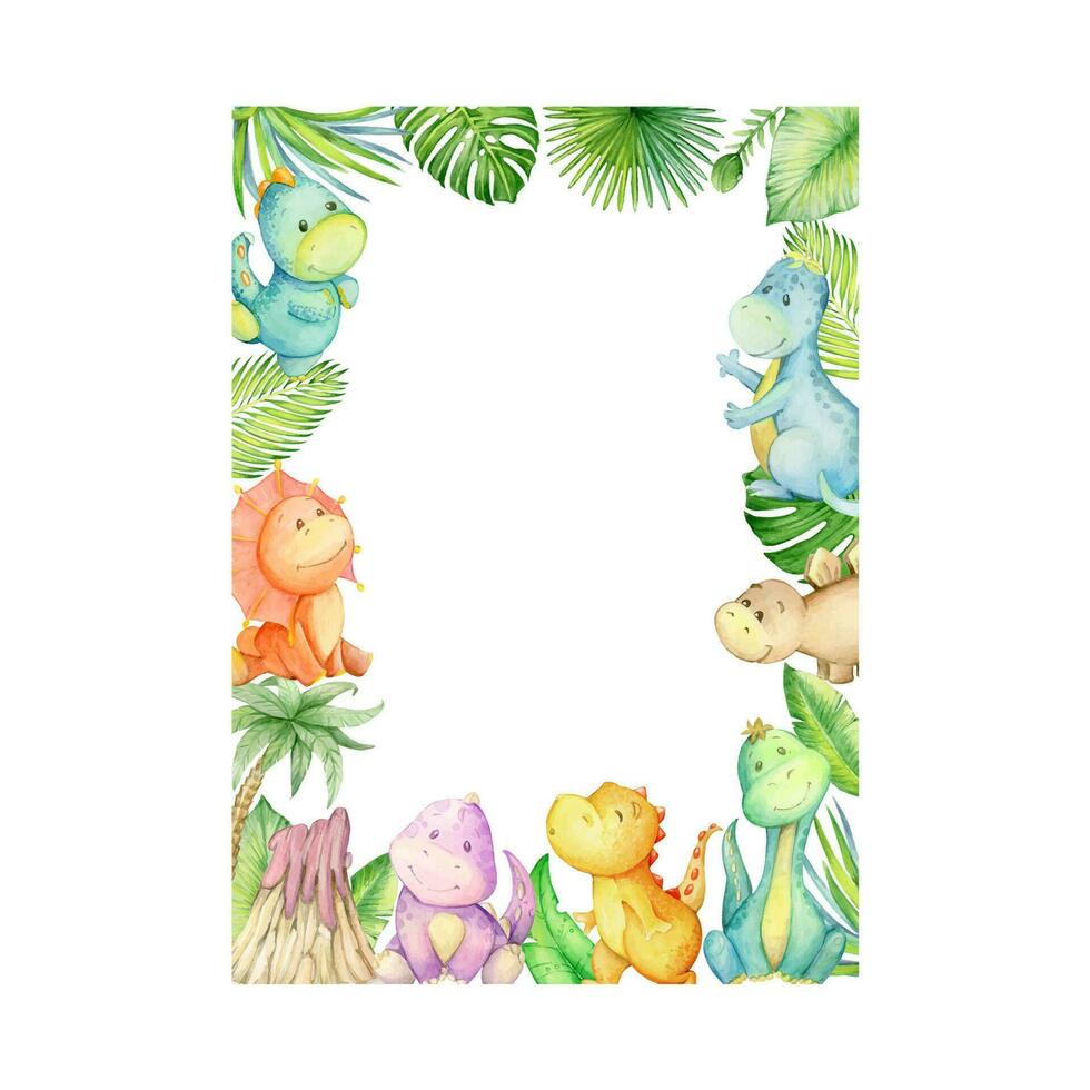 Baby frame with watercolor dinosaurs for baby shower vector