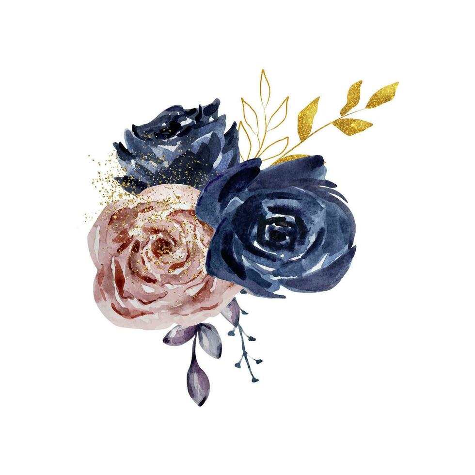 Flowers bouquet with watercolor roses, elegant floral vector