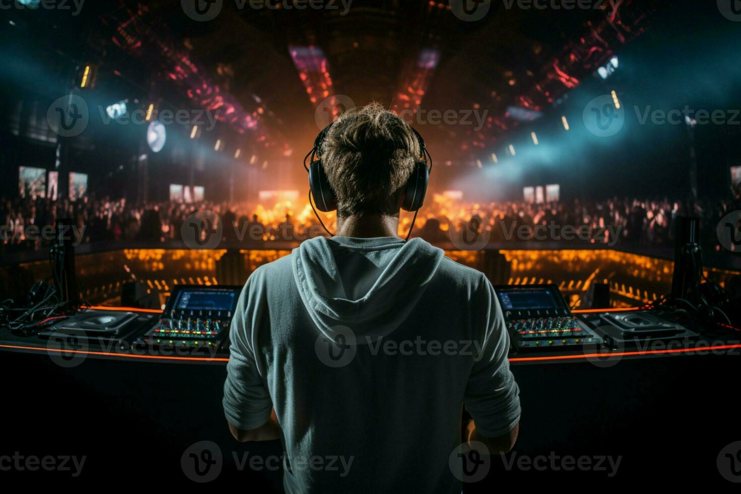 AI generated Backstage rhythm Captivating perspective of a DJ in action from behind AI Generated photo