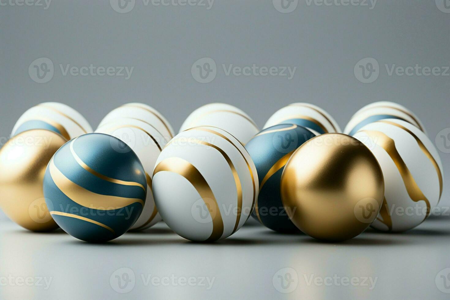 AI generated Minimalistic elegance white and gold Easter eggs, flat lay photo