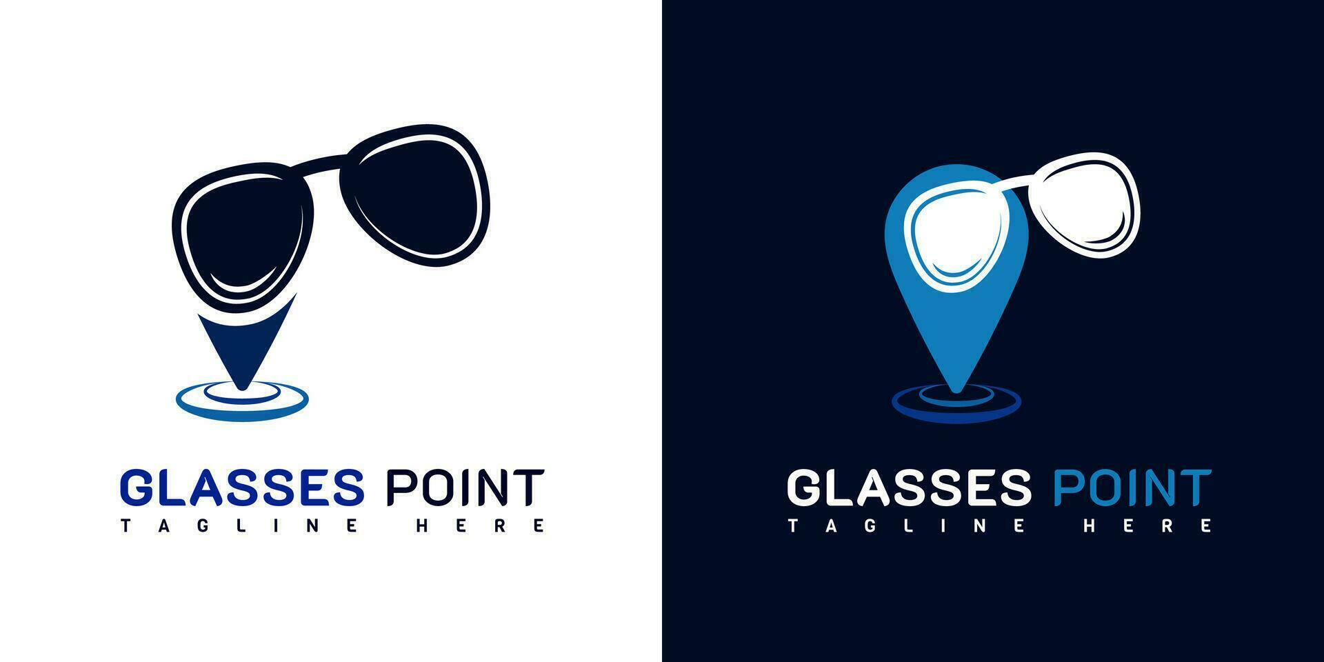 lentes óptico punto logo. con un mapa alfiler y Gafas de sol icono. en azul y blanco colores. lujo y prima logo diseño modelo vector