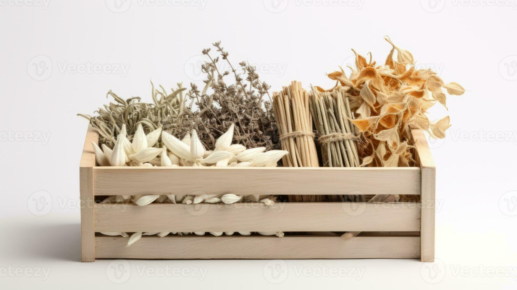 AI generated a wooden crate filled with various dried flowers and plants against a white background. photo