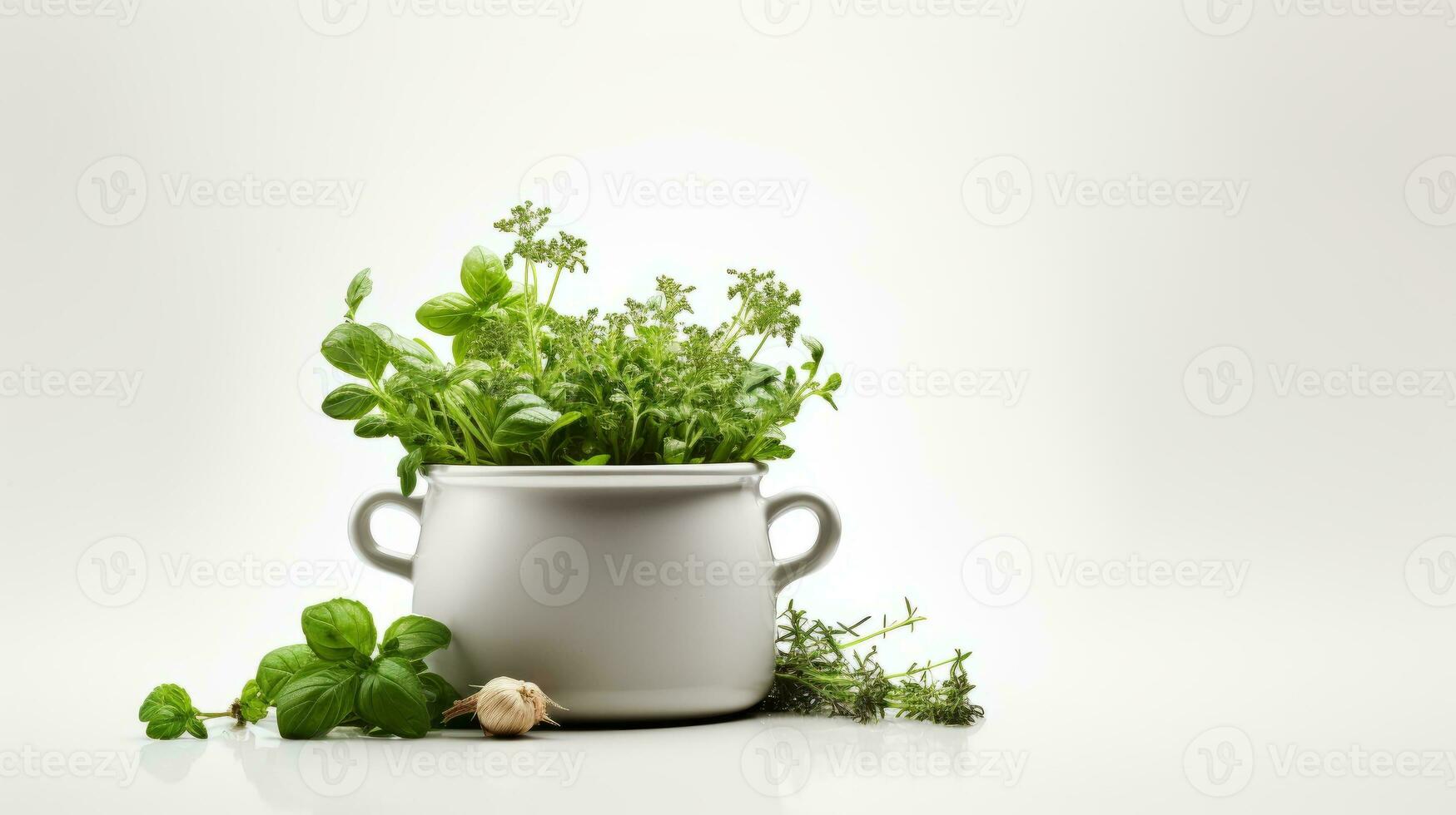 AI generated a white pot filled with fresh herbs against a white background, creating a vibrant contrast. photo