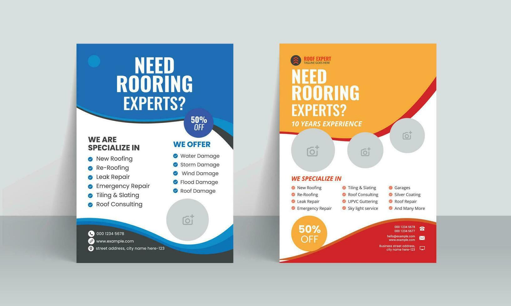 Roofing service flyer brochure cover template and handyman home repair leaflet design with building solution poster layout vector