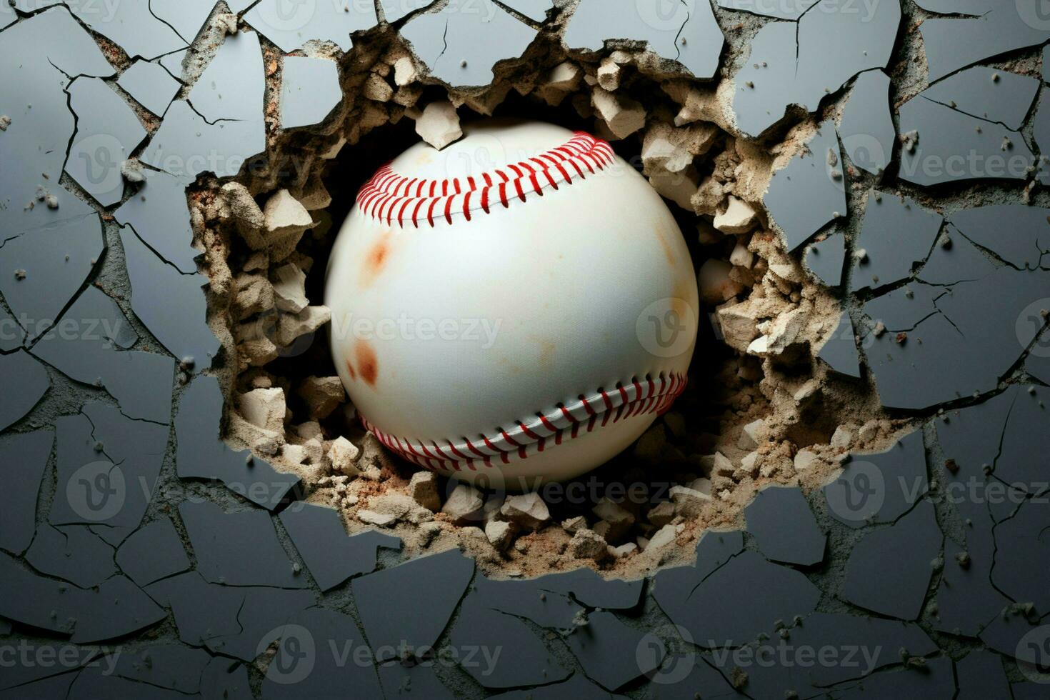 AI generated Baseballs power displayed as it bursts through a cracked wall photo