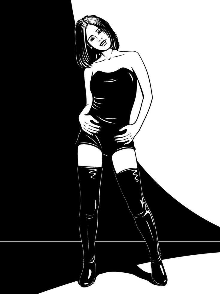 Young club dancer woman in leather clothes posing. Black and white vector illustration.