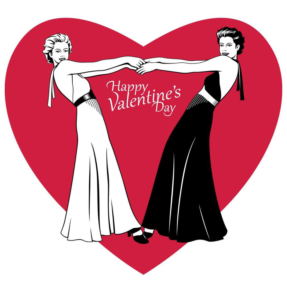 Two Women Hold Hands with heart background. Valentine's Day design for greeting card, invitation, poster. vector