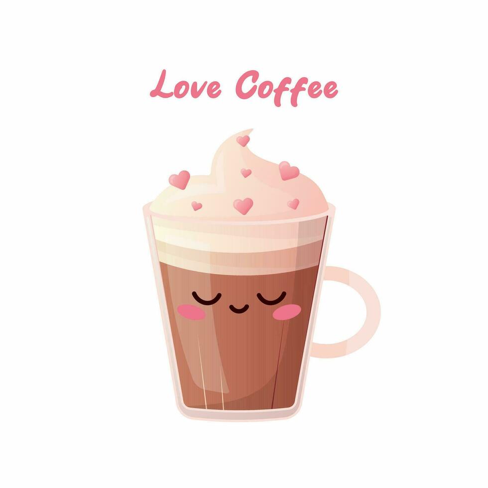 A cup of coffee in a cartoon style with cream and decorated with hearts. Cute cartoon coffee on a Valentines Day vector