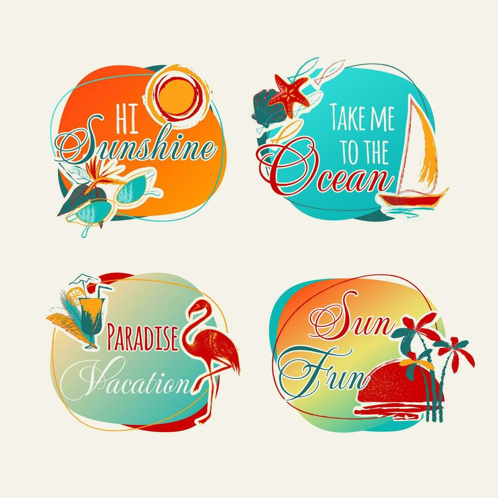 Set of drawings for recreation at sea. Sea, cocktail, flamingo, palm trees, tropical flowers, shells. Template for tropical paradise vacation advertising. vector