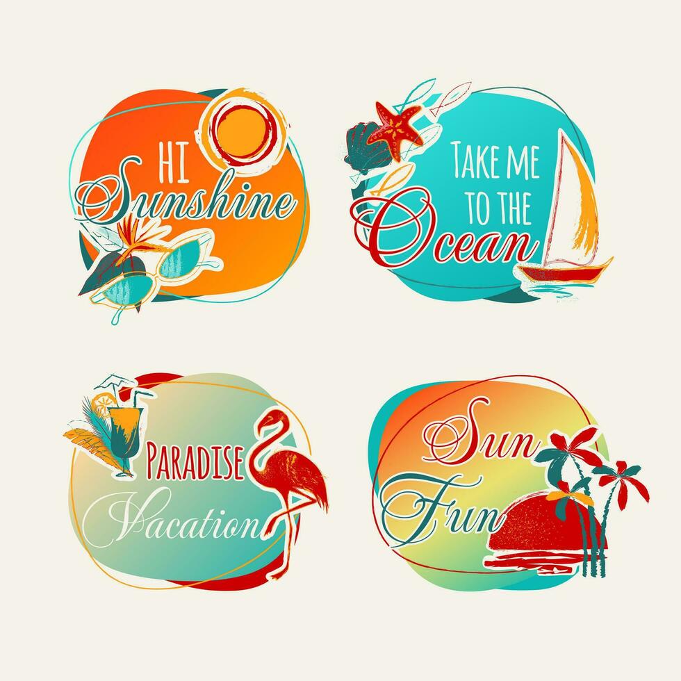 Set of drawings for recreation at sea. Sea, cocktail, flamingo, palm trees, tropical flowers, shells. Template for tropical paradise vacation advertising. vector