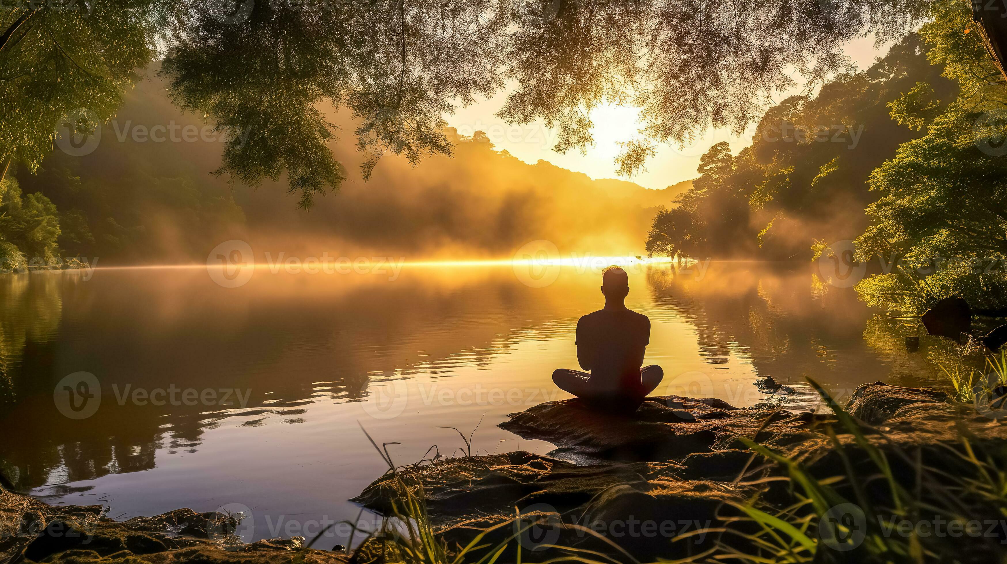 Ai Generated Serene Scene Where A Person Is Meditating By A Tranquil