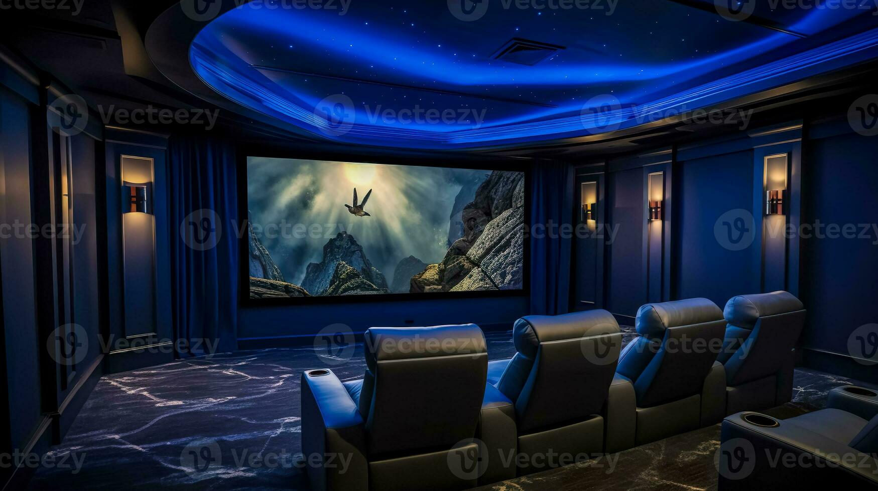 AI Generated Deluxe home cinema with starry ceiling ambiance and mountain film scene photo
